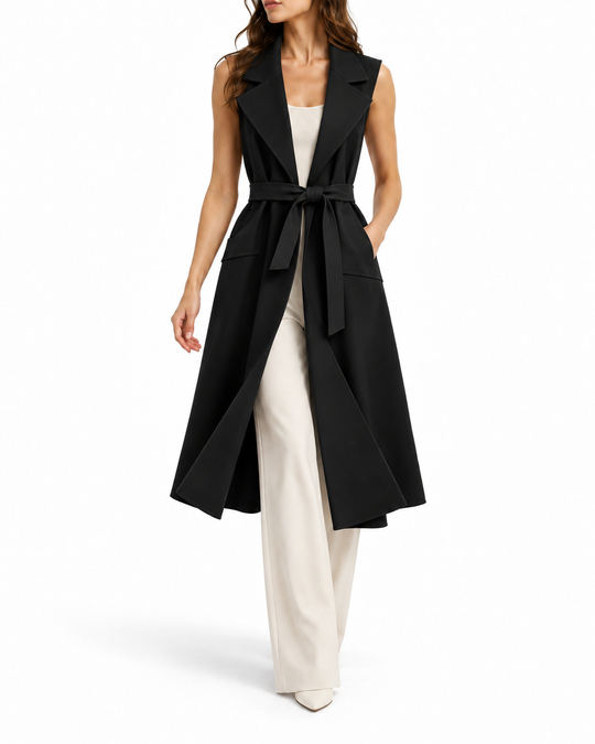Lang mouwloos gilet met strikceintuur