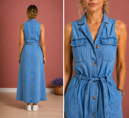 Lange mouwloze jeanshemdjurk