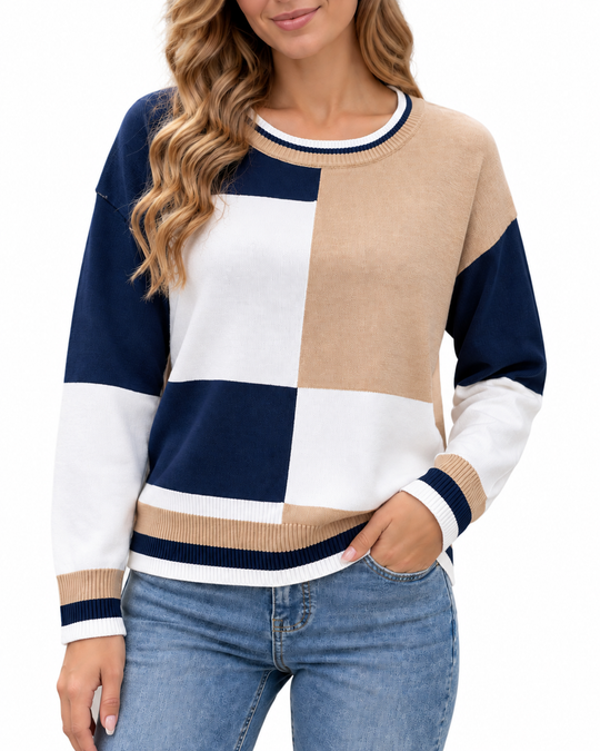 Colorblock Trui met Ronde Hals