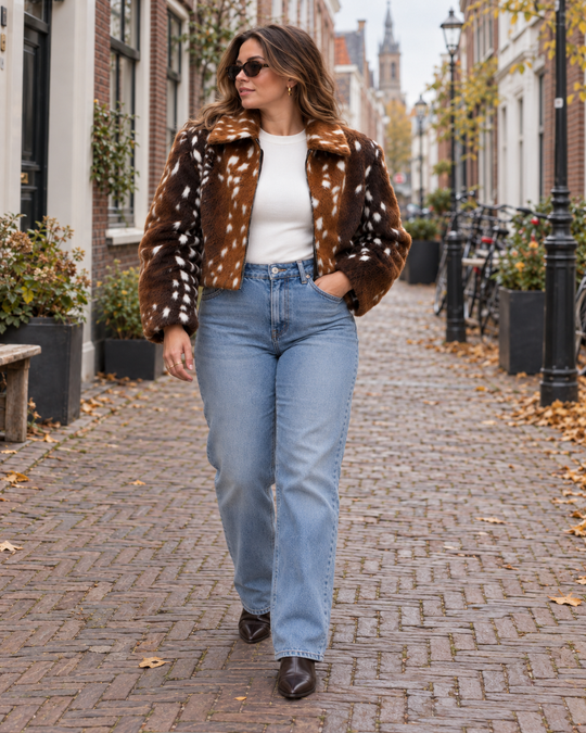 Cropped Faux Fur Jasje met Bambi Print