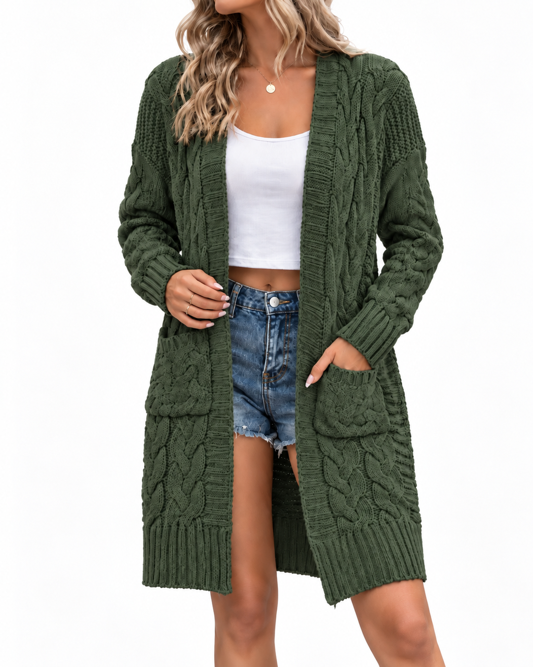 Lang Kabelgebreid Vest met Zakken
