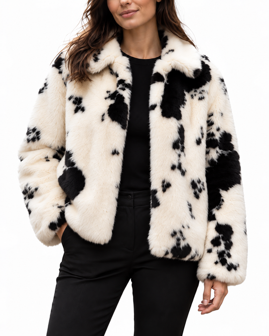 Cropped Faux Fur Jasje met Koeienprint