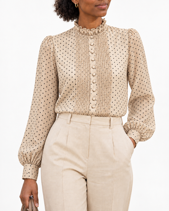 Semi-transparante Stippen-blouse met Ruchekraag