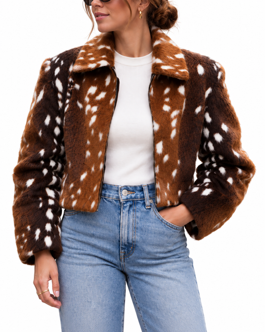 Cropped Faux Fur Jasje met Bambi Print