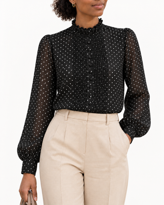 Semi-transparante Stippen-blouse met Ruchekraag
