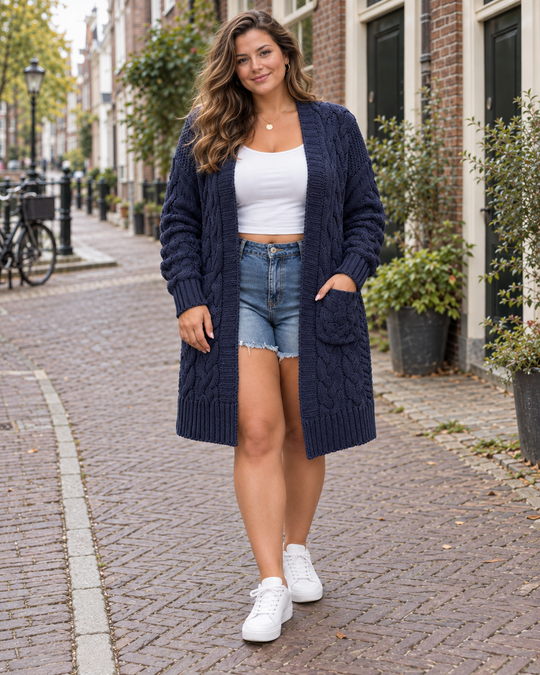Lang Kabelgebreid Vest met Zakken