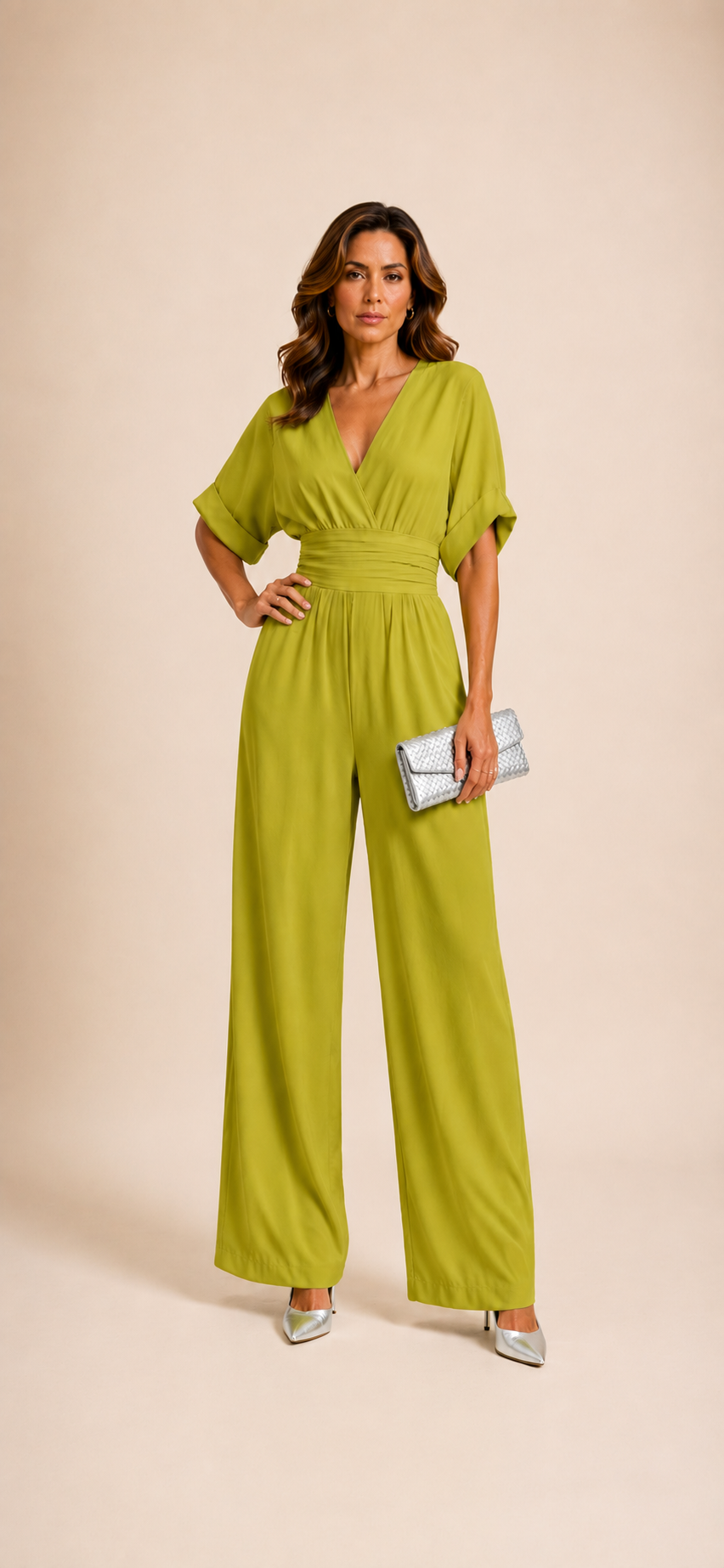 Elegante effen diepe V-hals jumpsuit