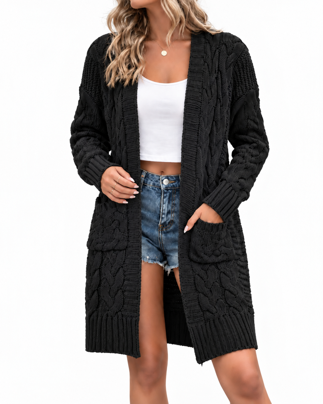 Lang Kabelgebreid Vest met Zakken