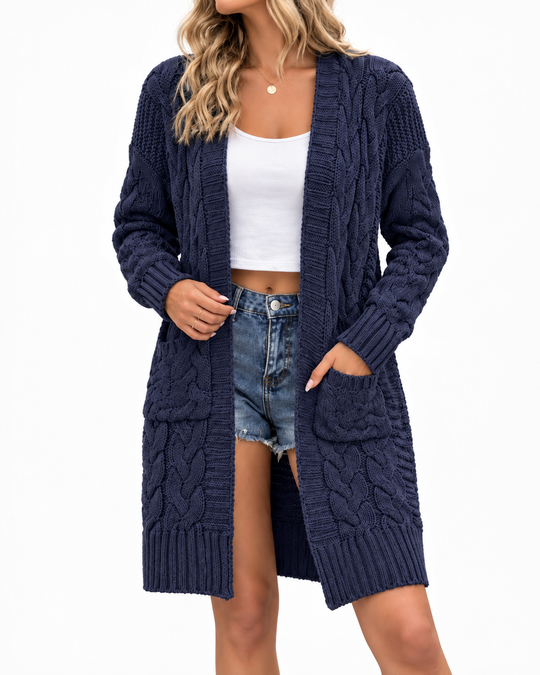 Lang Kabelgebreid Vest met Zakken