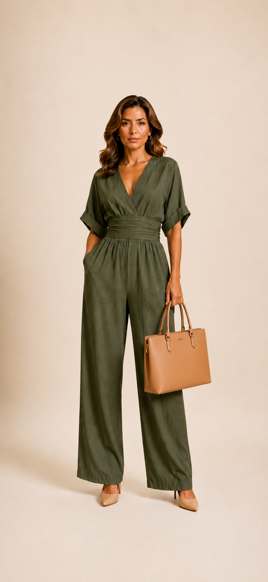 Elegante effen diepe V-hals jumpsuit