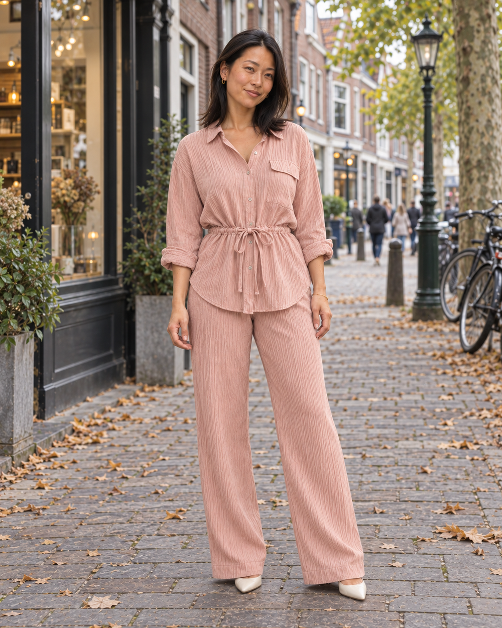 Getextureerd Overhemdblouse en Wijde Broek