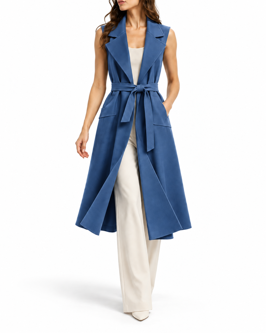 Lang mouwloos gilet met strikceintuur