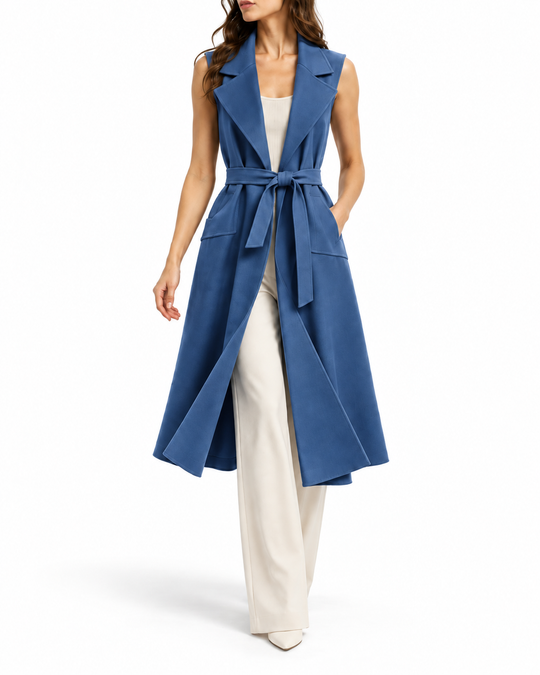 Lang mouwloos gilet met strikceintuur