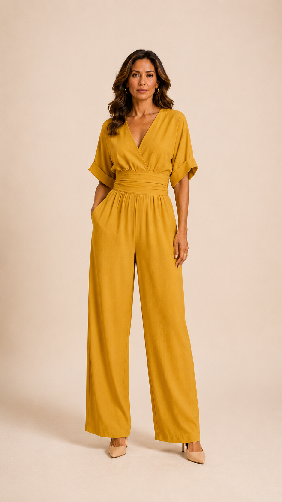 Elegante effen diepe V-hals jumpsuit