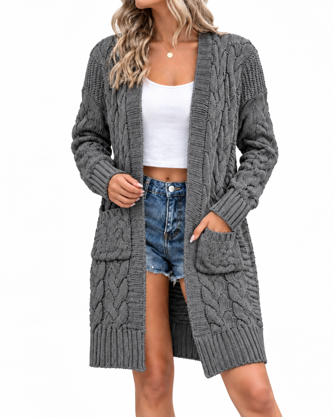 Lang Kabelgebreid Vest met Zakken