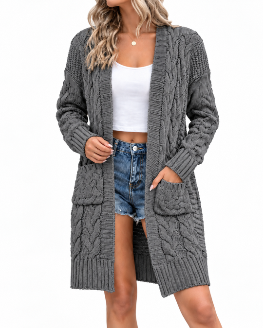Lang Kabelgebreid Vest met Zakken