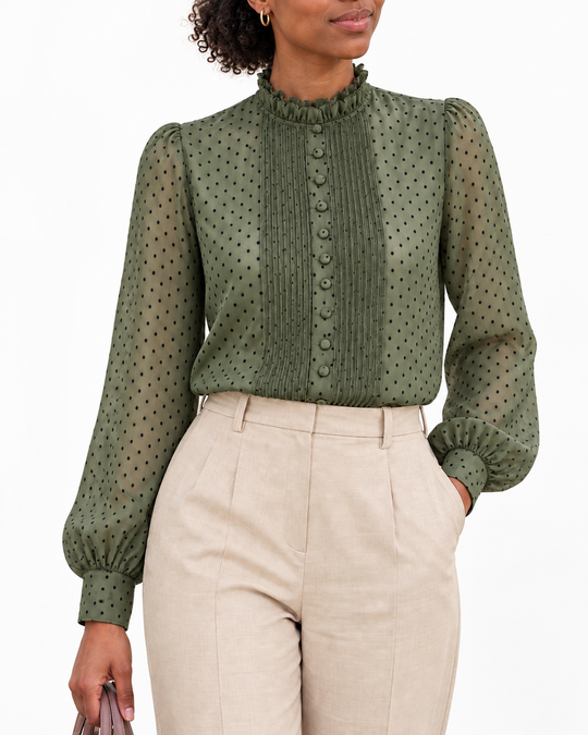Semi-transparante Stippen-blouse met Ruchekraag