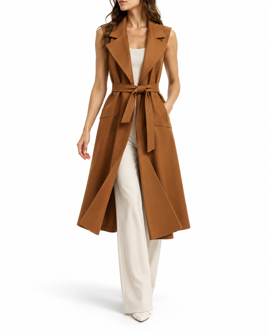 Lang mouwloos gilet met strikceintuur