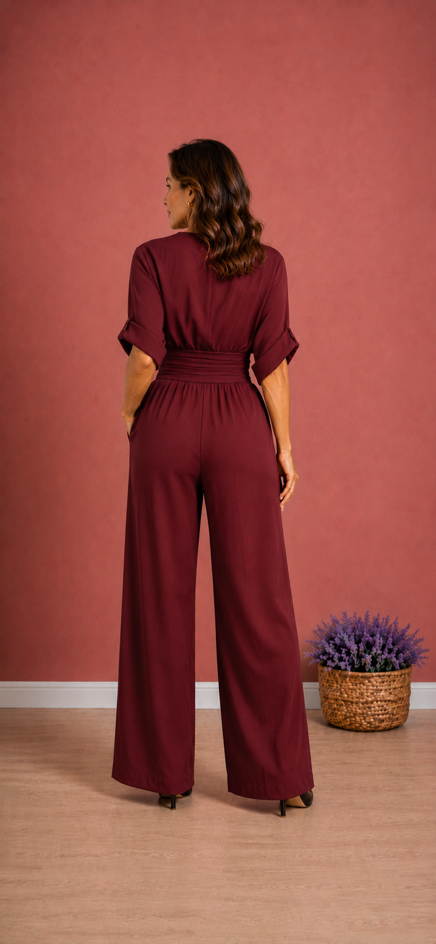 Elegante effen diepe V-hals jumpsuit