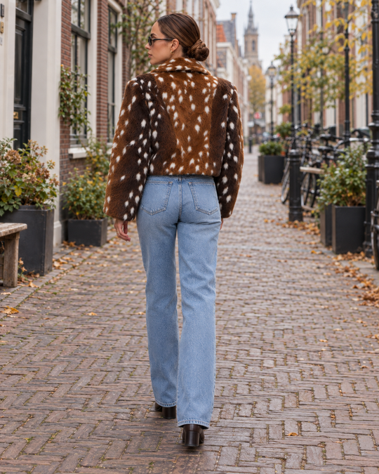 Cropped Faux Fur Jasje met Bambi Print