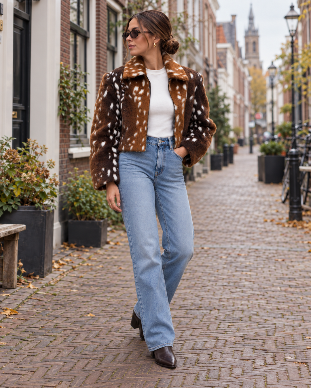 Cropped Faux Fur Jasje met Bambi Print