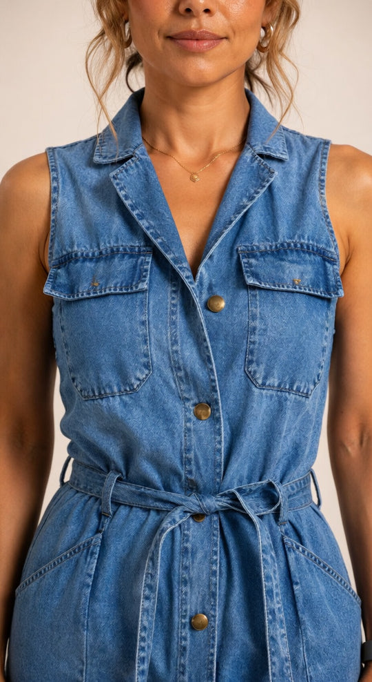 Lange mouwloze jeanshemdjurk