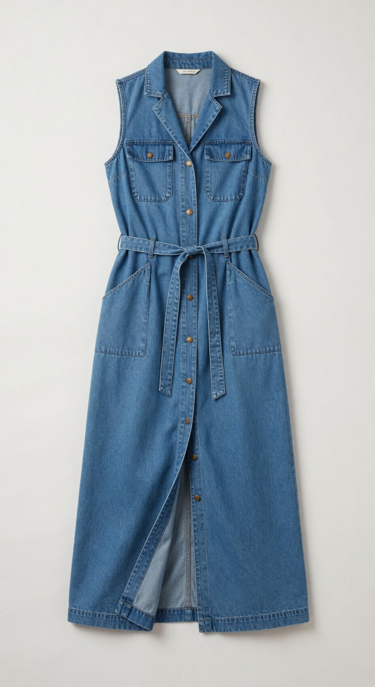 Lange mouwloze jeanshemdjurk