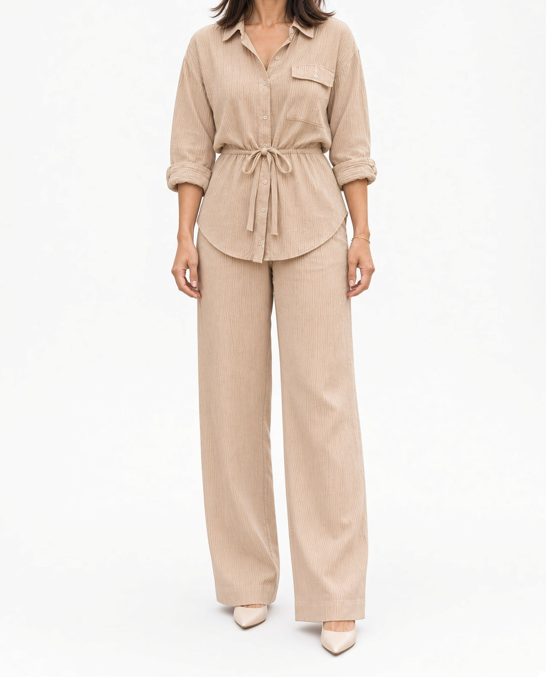 Getextureerd Overhemdblouse en Wijde Broek